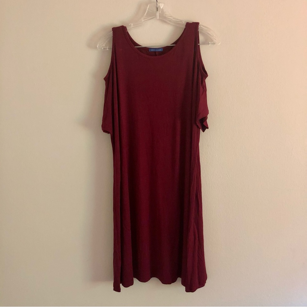 Sweet Claire Plus Size Burgundy Clod Sholder Midi T-Shirt Dress